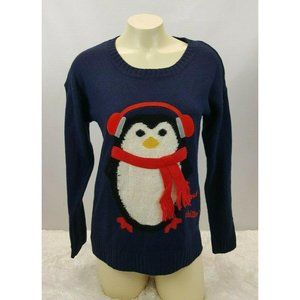 Ugly Cute Christmas Sweater Chili Penguin Beats Women Size Small Petite Blue